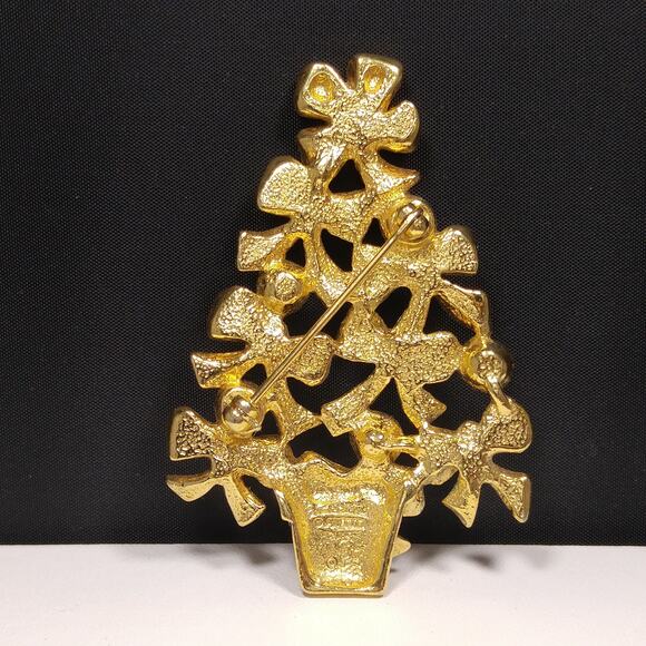 Avon Christmas Tree Brooch, Blue AB Rhinestones, Gold Tone 1960s Vintage Jewelry - Picture 3 of 10